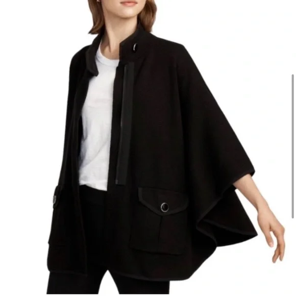 Anne Klein High Neck Pocketed Cape Black Sweater Shrug Poncho Mock Neck - Picture 1 of 14